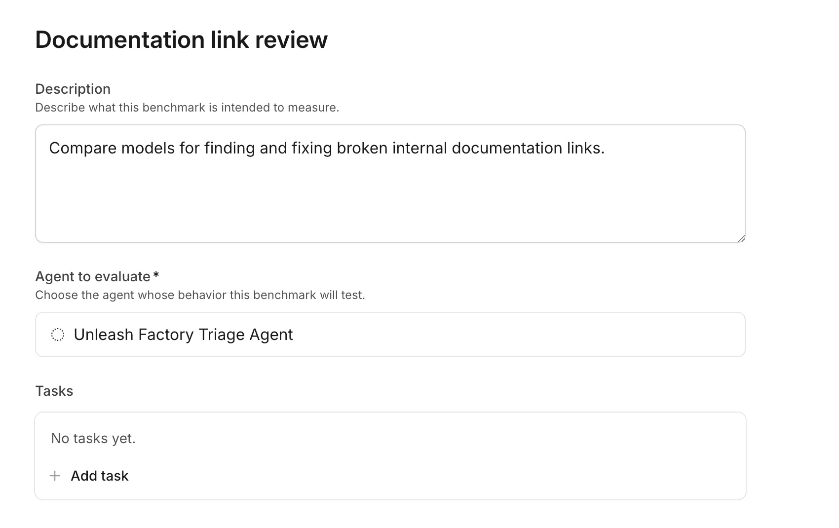 The benchmark editor showing a documentation-link review suite, a selected triage agent, and the Add task action.